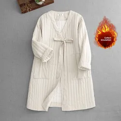 Lightweight Quilted Striped Mid-Length Cotton Jacket Large Size Women's Winter Fashion V-Neck Belted Casual Thickened Cotton ...