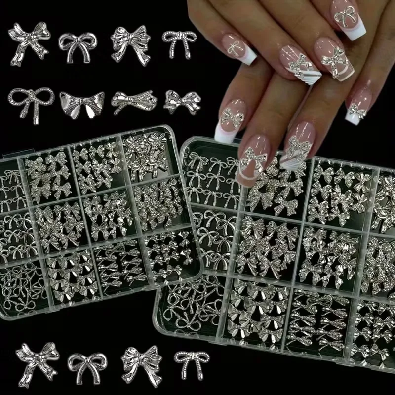 1 صندوق 120 قطعة سبائك Bowknot الشريط مسمار الديكور ضوء الفاخرة الفضة القوس مسمار السحر ربطة صغيرة مستلزمات الأظافر لتقوم بها بنفسك صندوق المواد * #4