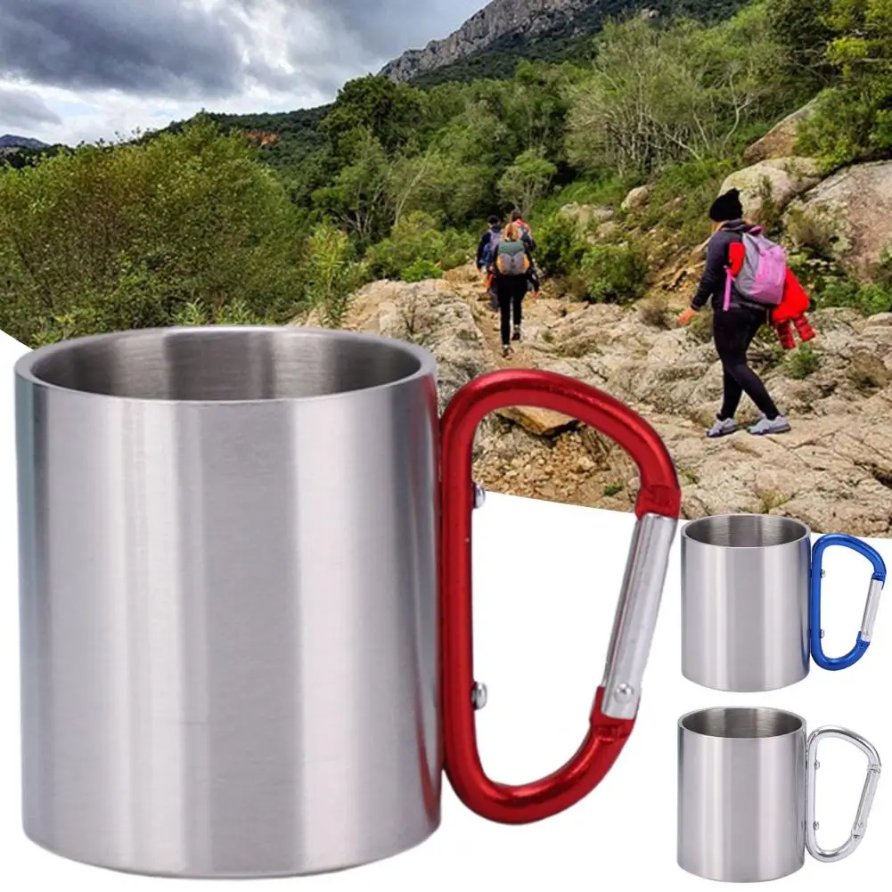 

220ml Camping Cup Portable Stainless Steel Double Wall Carabiner Handle Hiking Mug for Outdoor Hook Handle Picnic Water Mug