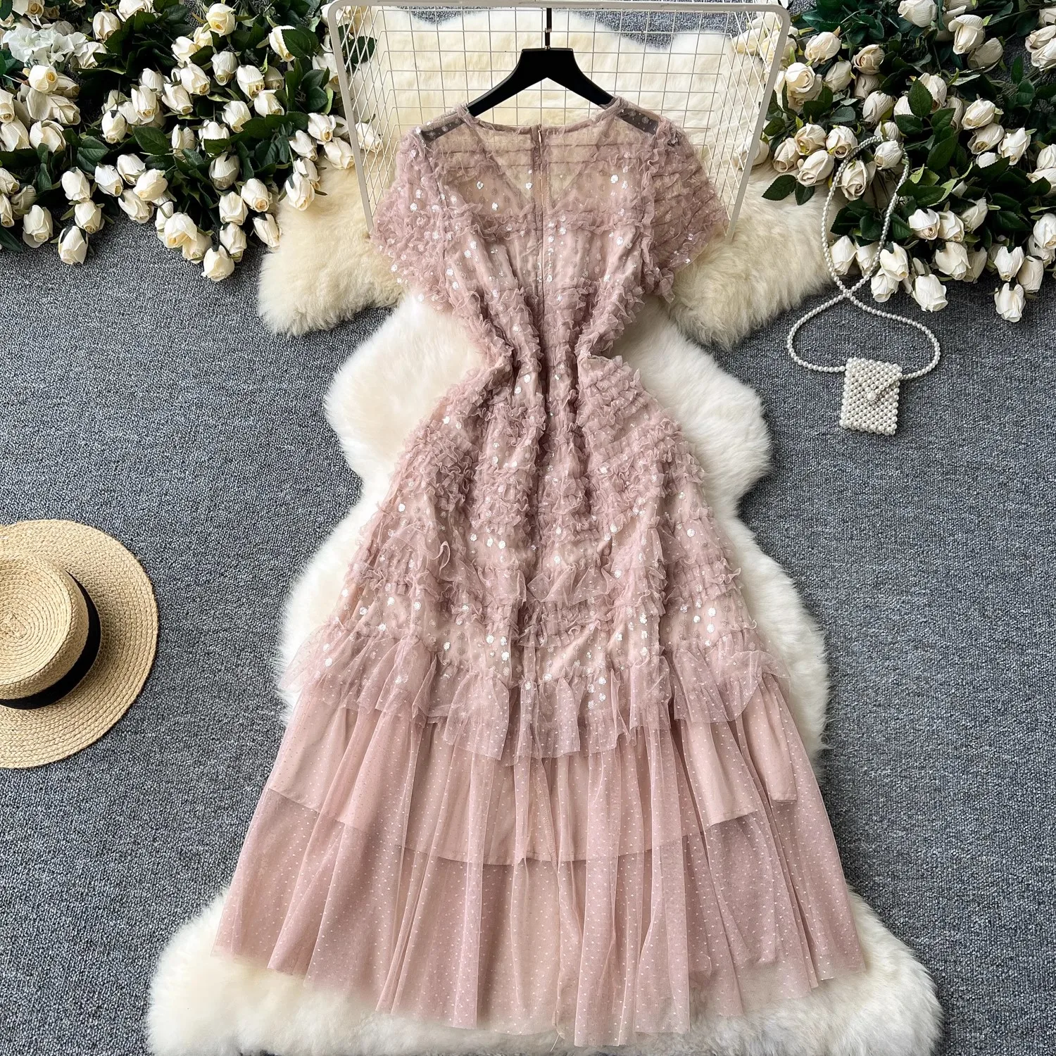 Luxury Women Summer Evening Dress V Neck Short Sleeve Shiny Sequin Lace A Line Ruched Mesh Women Formal Party Prom Gowns