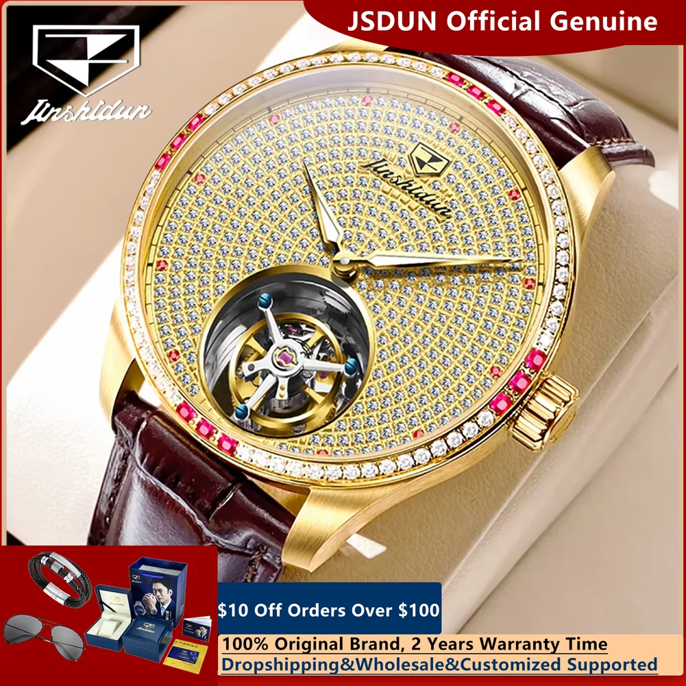 JSDUN Luxury Tourbillon Automatic Mechanical Watch for Men Genuine Leather Strap Sapphire Mirror Full Diamond Top Man Wristwatch