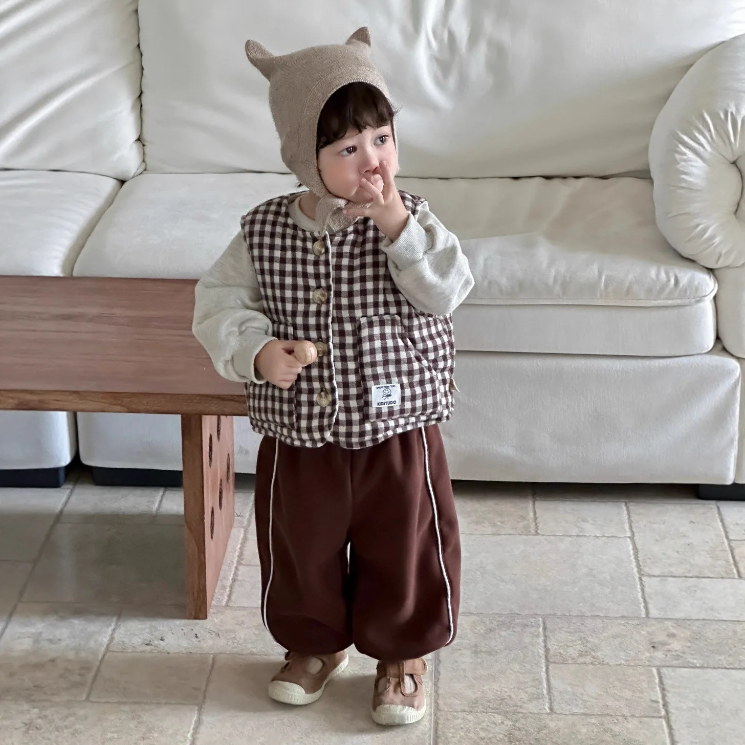 

​​2025 Fall Winter Kids Plaid Vest Toddler Sleeveless Jacket Set 2PCs Korean Style Boys Fleece Lined Sweatshirts Pants Outfit