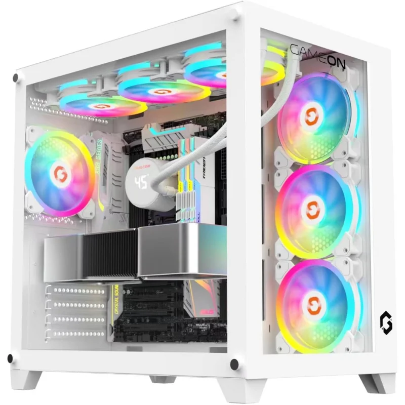 Artic Series Mid Tower PC Gaming Case, 120mm ARGB+PWM Lighting, Tempered Glass, Pre-installed 7 Cooling Fans Computer case, Dus