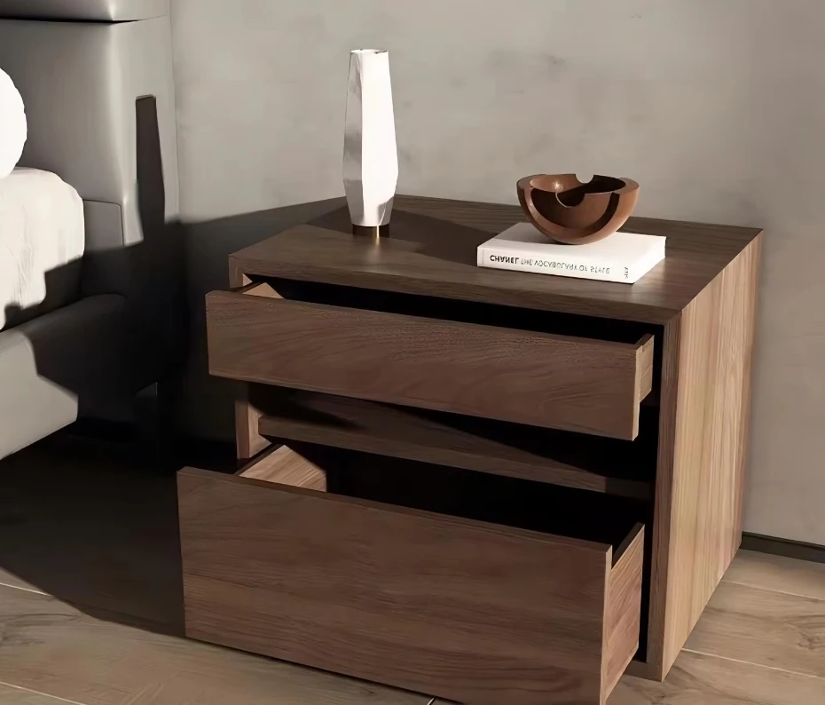 Comodino di lusso leggero, comodino classico semplice in legno a due cassetti di fascia alta per camera da letto