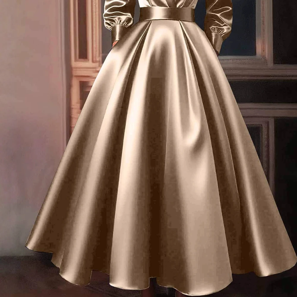 Satin Elegant Dress for Women Lapel Collar Pleated A-Line Evening Maxi Dress Wedding Guest Vintage Lantern Sleeve Autumn Dresses