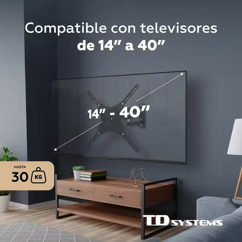 Low profile dual articulating and tilting wall tv mount for 14 to 40 inch screens. Maximum vesa 400 x 400 mm - td systems p30x25