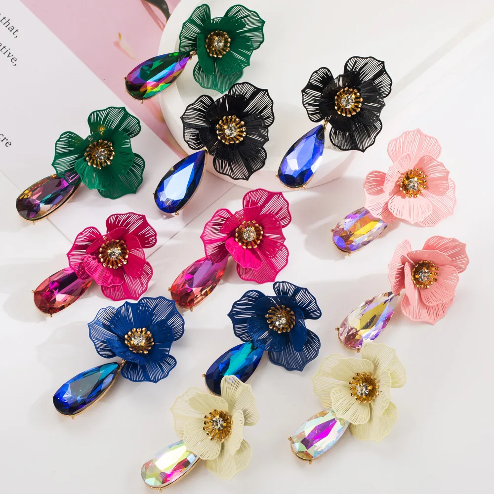 Boho Multi Colors Big Flower with Water Drop Crystal Dangle Earrings for Women Fuchsia Jewelry