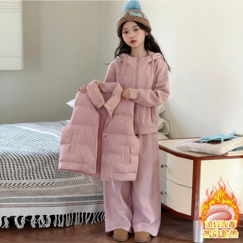 

Girls' Hooded Sweatshirt Set, Winter Fleece-Lined Tracksuit, Casual Winter Wear, Suitable for Youth Aged 7-14