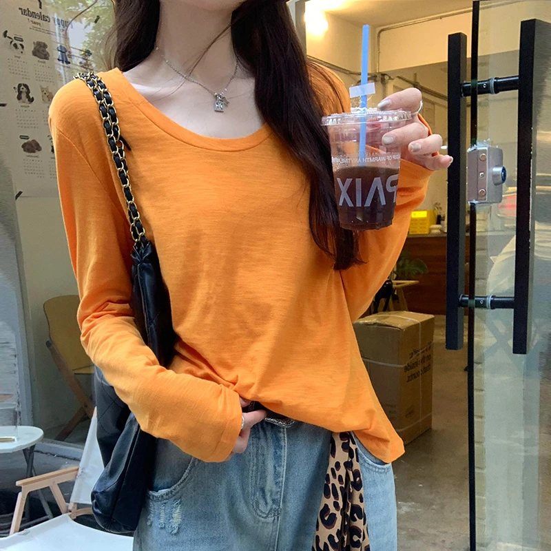 

Простые футболки в корейском стиле, женские весенне-летние футболки из 100% хлопка, базовые однотонные женские свободные топы с длинными рукавами