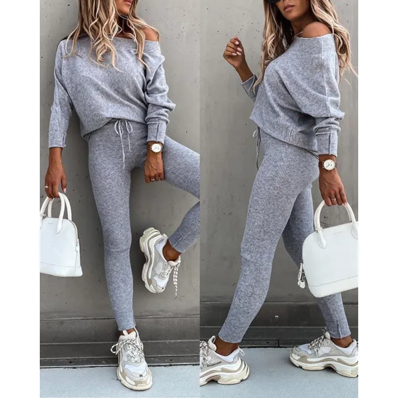 New Autumn/winter Women's Pants Set Solid Color Fashion Casual Shoulder Long Sleeve Top Threaded Lace Tight Sports Pants