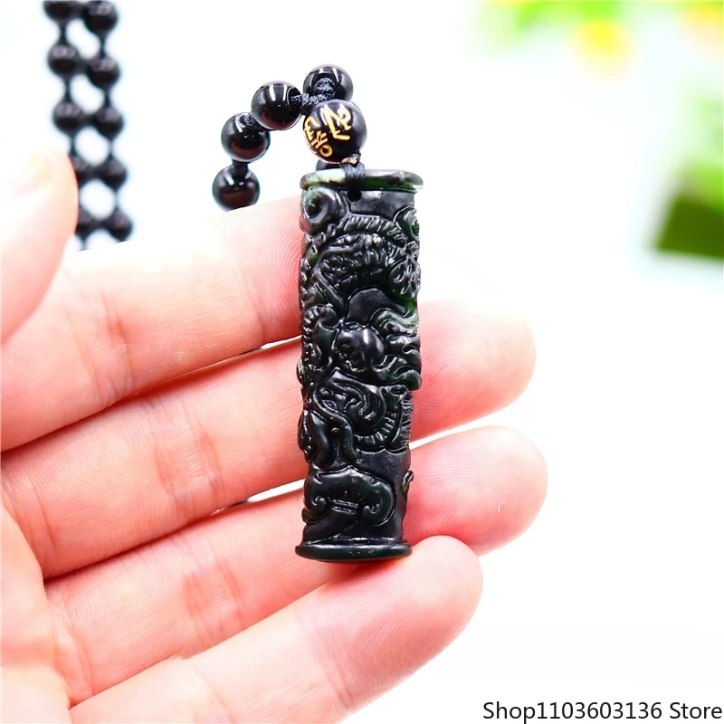 

Jade Dragon Pendant Necklace Chinese Double-sided Women Carved Jewelry Fashion Natural Black Green Gifts Men Charm for Amulet