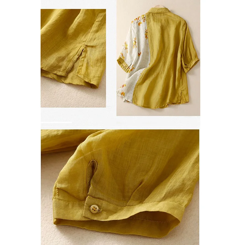 Spring Autumn Splicing Vintage Print Blouse Female Clothing Turn-down Collar Button Thin Style Loose-fitting Half Sleeve Shirt