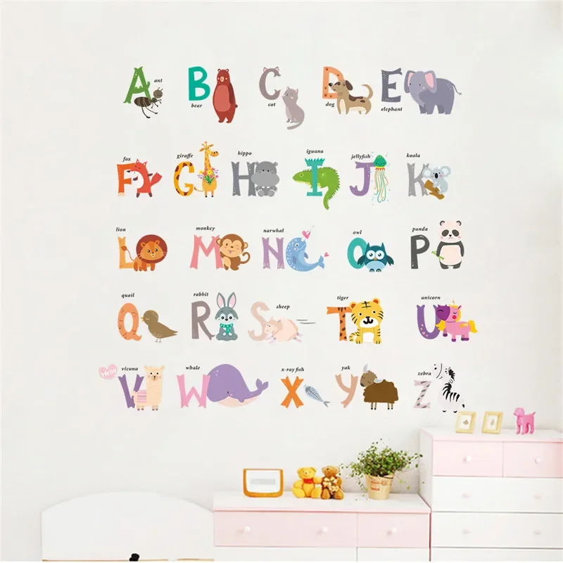 Autocollants Muraux de la Jungle Sauvage, 26 Lettres de l'Alphabet, Animaux pour Chambres d'Enfants, Décoration de Maison, Affiche Murale pour Enfants