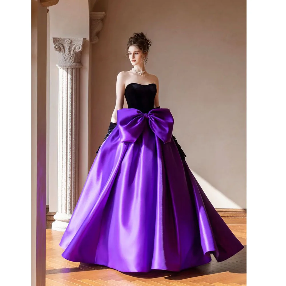 Vestidos de noche de lujo, escote en forma de corazón negro, sin mangas, corte en A, largo hasta el suelo, lazo rosa y morado, vestidos de fiesta elegantes para mujer