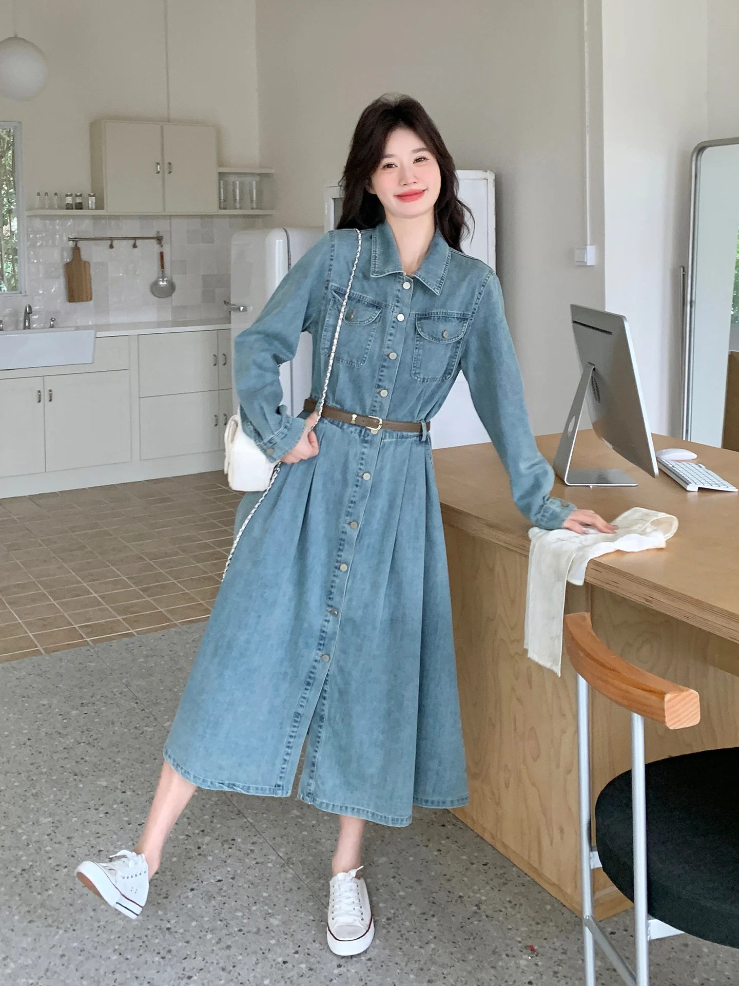 Retro Korean Style Long Sleeve Denim Shirt Dress Women's Autumn New High Waist Slimming Gown City Commute Casual Daily