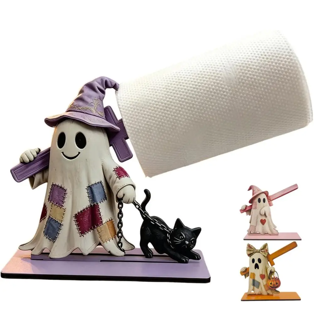 Wooden Toilet Paper Holder Cute Ghost Style Sturdy Construction Freestanding Tissue Holder Space Saving Easy Installation