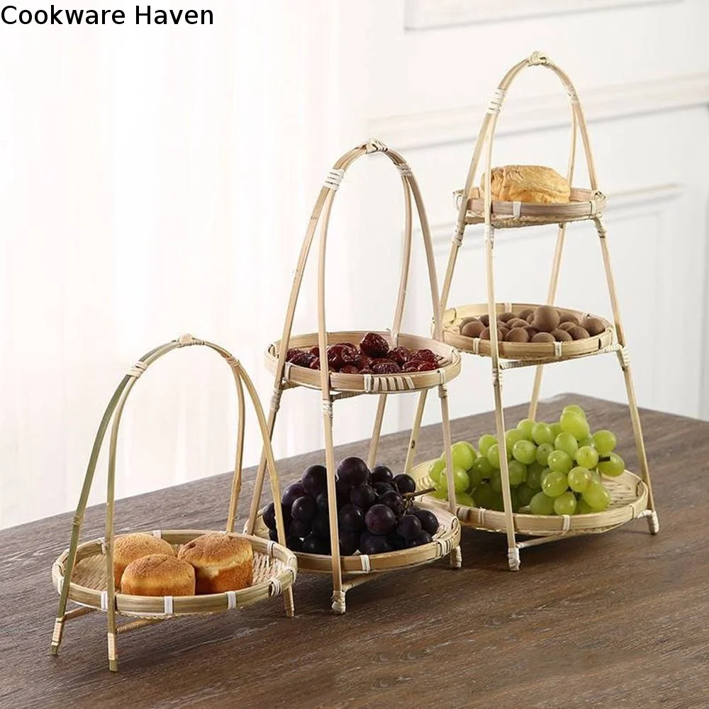 Basket Tray 1/2/3 Tier Bamboo Weaving Baskets Weave Round Snack Display Stand Handcrafted Elegant Storage Baskets Home