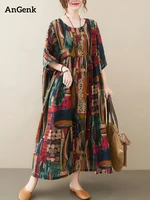 Vestidos largos de verano con estampado Vintage de lino y algodón de manga corta para mujer, vestido informal holgado para vacaciones, ropa elegante 2025