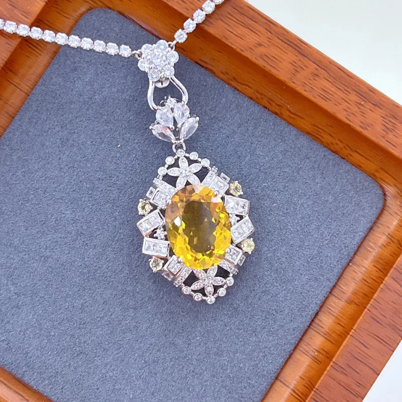 SACEGEMS 925 Sterling Silver Certified 12*16MM Natual Citrine Pendant Necklaces for Womne Engagement Cocktail Party Fine Jewelry