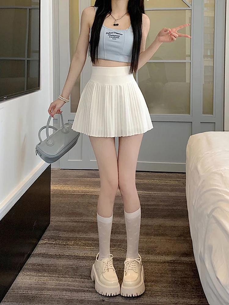 Summer hot girl white pleated anti glare high waisted women's A-line short skirt