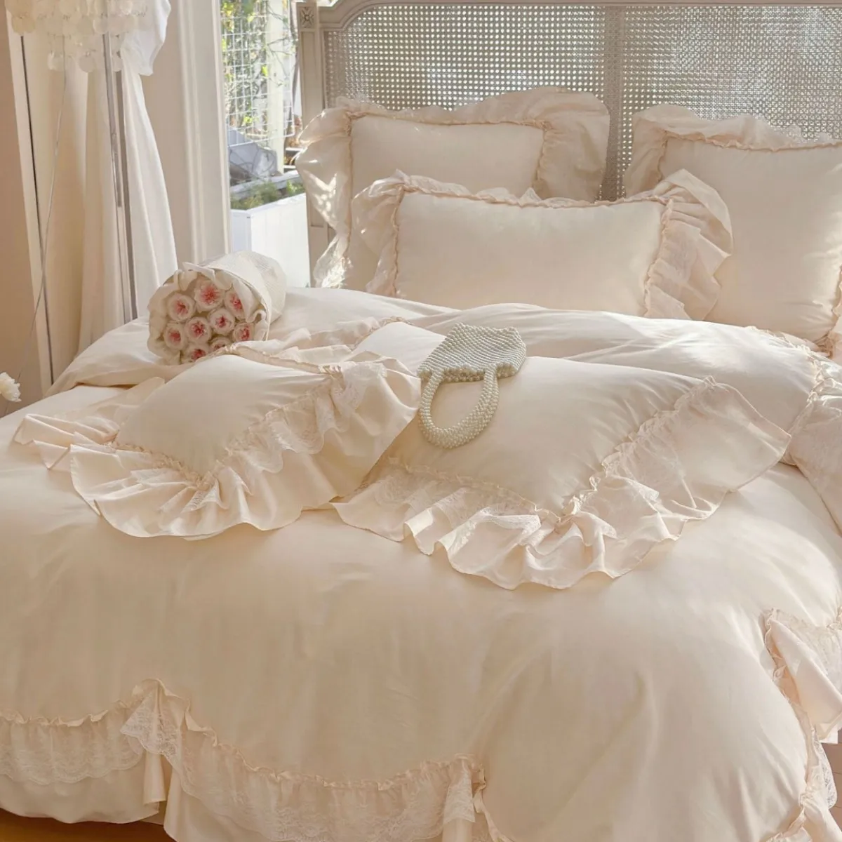 

French Lace Ruffle Long Staple Cotton Bedding Set Duvet Cover Bed Linen Princess Style Bedskirt Soft Airflows Lux Cozy Chic Calm