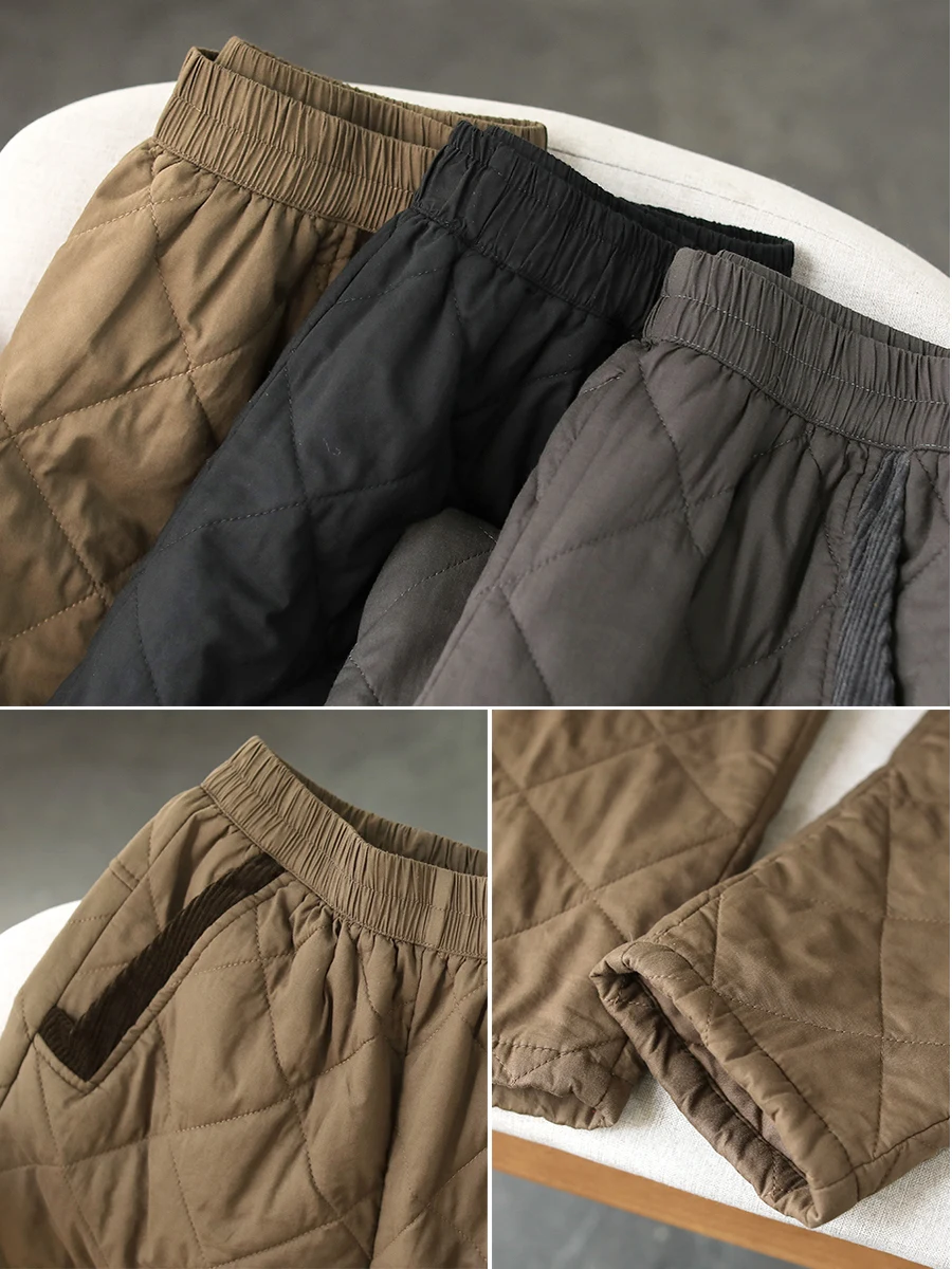 겨울 따뜻한 코튼 Fce 여성 캐주얼 바지 신축성 있는 허리 패치워크 스트라이프 벨벳 루즈핏 하란 바지 퓨어 컬러