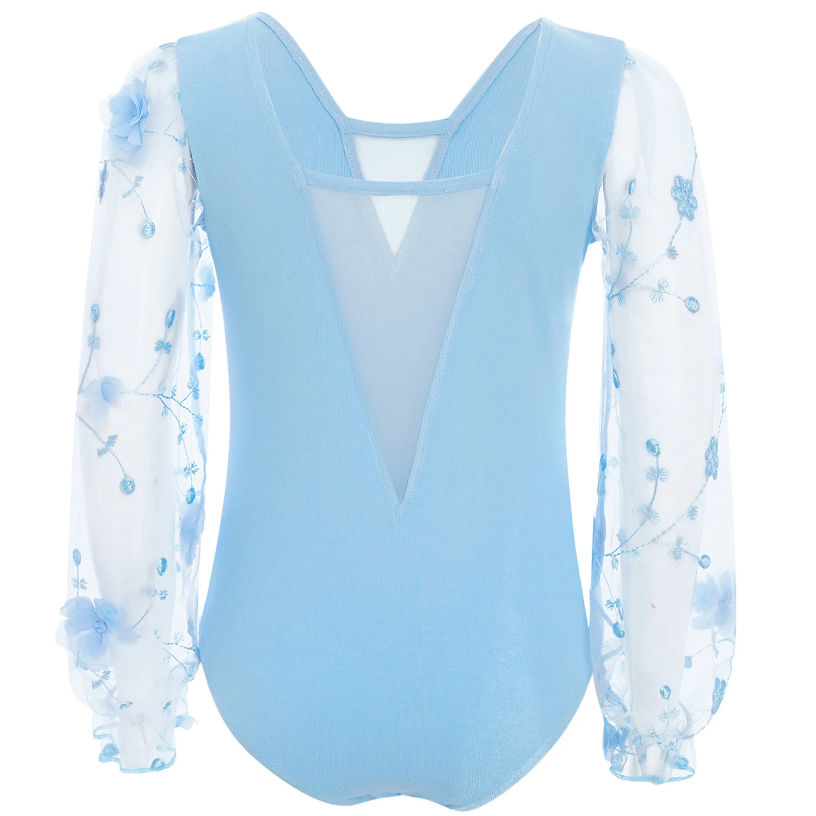 Crianças meninas ballet dança collant com decote em v flores bordado pura malha mangas compridas puff dança collant profissional ballet traje