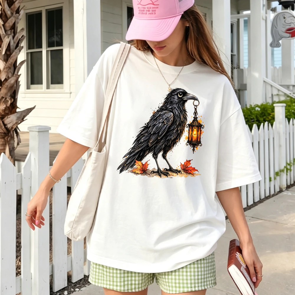 Vintage Raven with Lantern Graphic T Shirt Gothic Crow Maple Leaf Fall Autumn Halloween Dark Art Print Casual Witchy Gift Tees