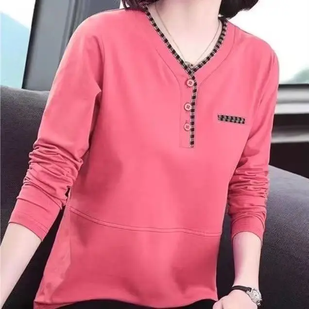 Cotton Long Sleeved Women Pure Cotton Spring and Autumn Top Plus Size V-neck Stylish Versatile Loose Meat Blocking Base Shirt