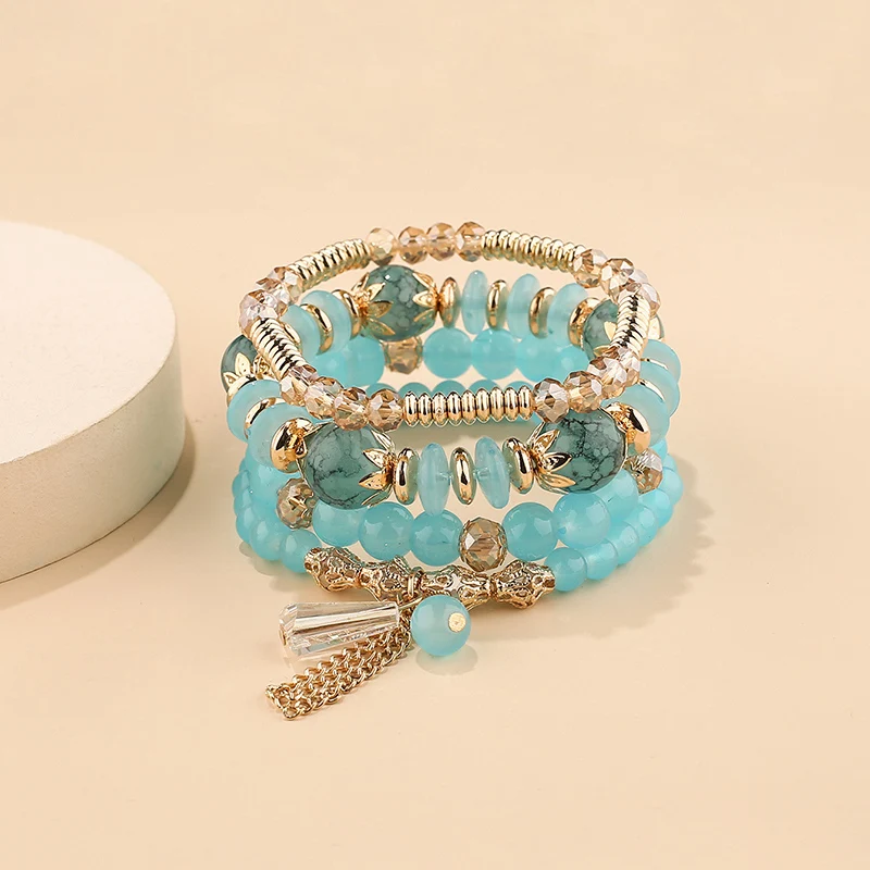 4-teiliges Armband-Set mit Quasten- und Perlenanhängern für Damen, bunte Glasperlen-Kette, Armreif, weiblicher Boho-Schmuck – Detail 12
