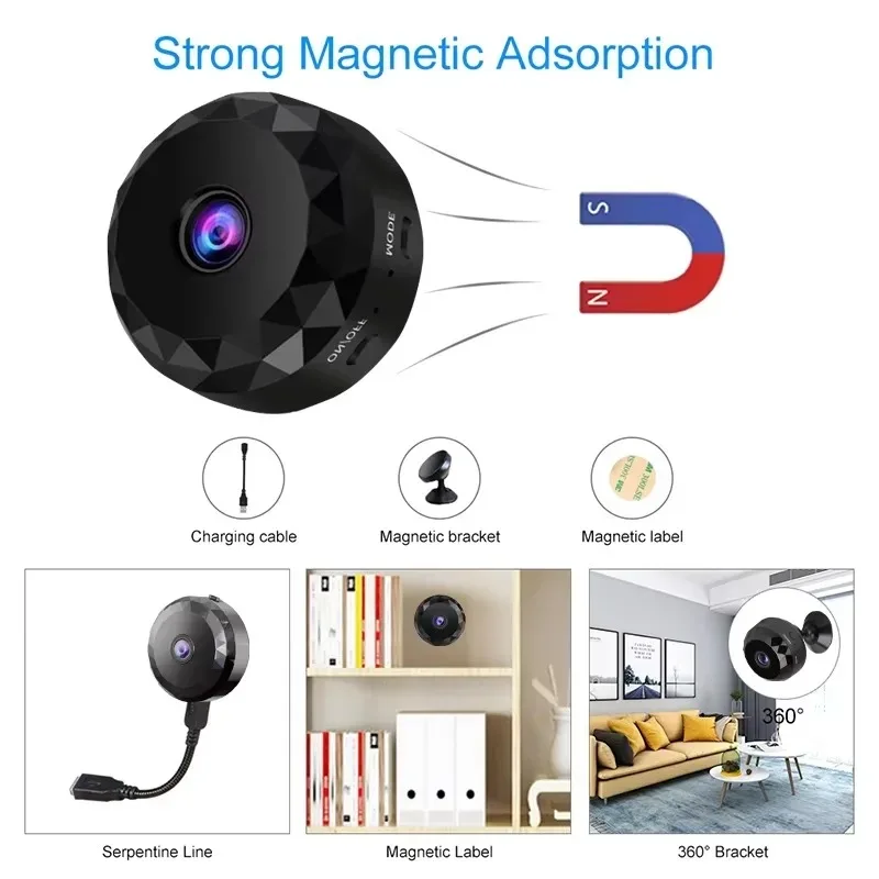 Câmera de Segurança Mini WiFi Sem Fio com Visão Noturna, Detecção de Movimento, Bateria Recarregável, Fácil de Montar e Controlada por Aplicativo