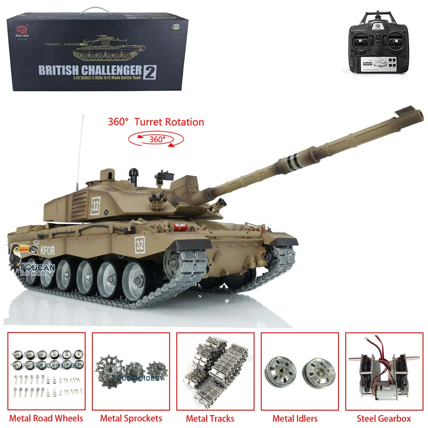 Heng Long 1/16 7.0 Customize Challenger II RC Tank 3908 360° Turret Metal Tracks Wheels Steel Gearbox Idler Toucan Toys for Men