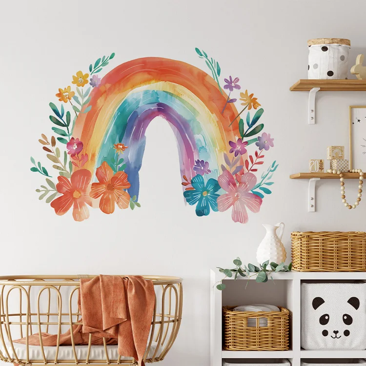Bunte Blumen, Blätter, Regenbogen, Wandaufkleber, Kinderzimmer, Hintergrunddekoration, Tapete, Schlafzimmerdekoration, selbstklebende Wandaufkleber für Zuhause – Detail 4