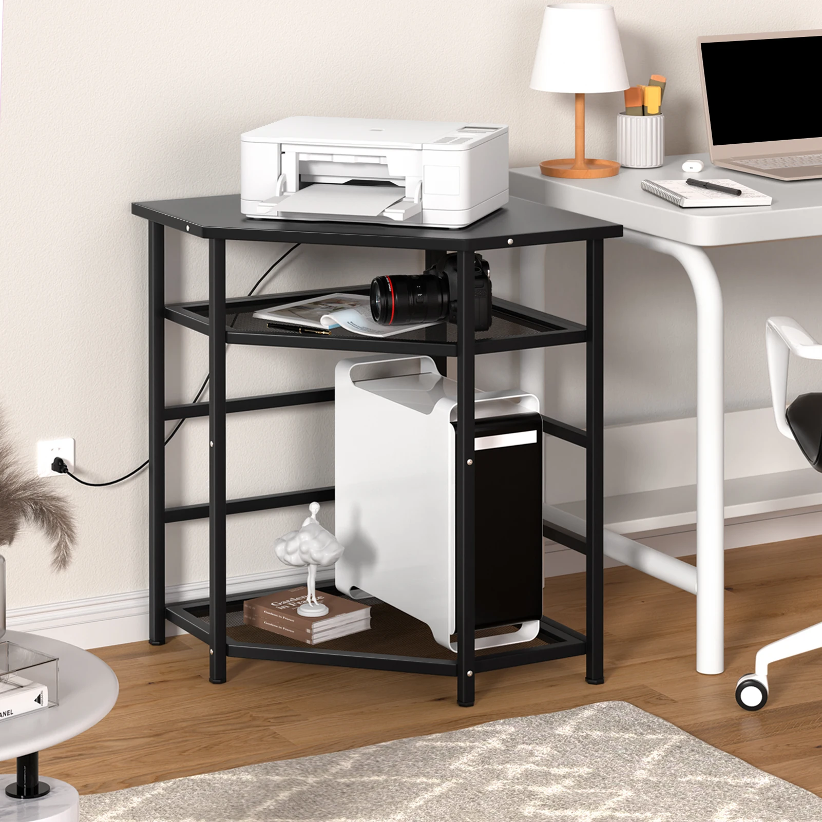 

Computer Tower CPU Stand, Corner Printer Stand Table with Power Outlet Charging Sockets USB Port, Printer Storage Desk Stand