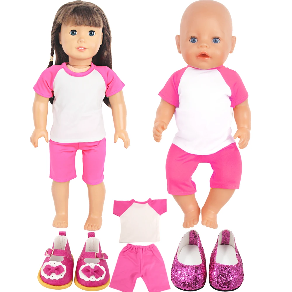 

43cm Baby New Born Doll Two-tone Rose Red+White T-shirt+Shorts Clothes+2 Shoes Suit Outfit For 18-inch American&OG,DIY Girl Doll