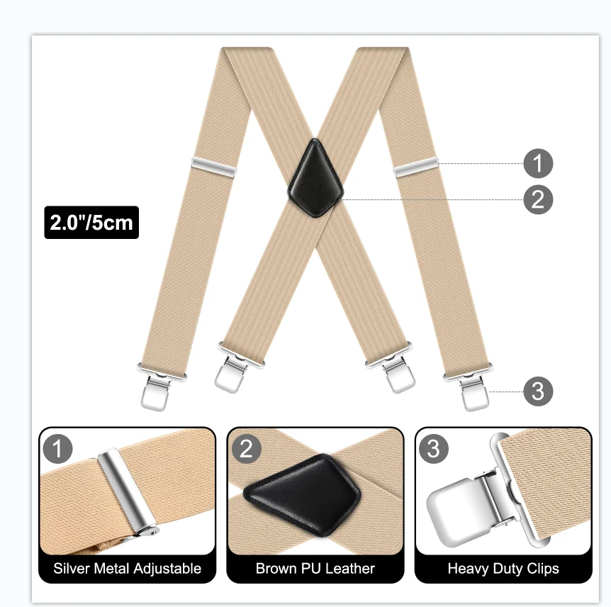 Men's Suspender Trousers Braces Heavy Duty for Men with Strong 2 inch Wide 4 Clips High Elastic X Style Adjustable Suspenders