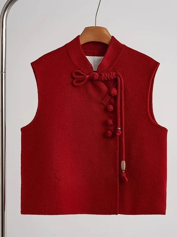 

Red New Chinese Sle Woolen Vest with Tag Clip Layering Clothing ort Outerwear Women's Faion Casual Winter Jaet