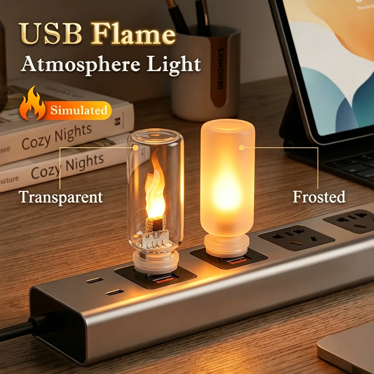 USB Flame Flickering LED Frosted Clear Glass Candle Night Light Simulated Flame for Car Home Room Laptop PC Festival Decoration