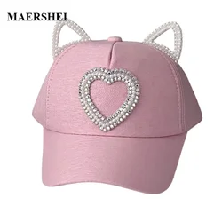 Children Rhinestone Hearts Baseball Cap Girls Pearl Snapback Sun Protection Caps Cat Ear Kids Baby Sun Hat