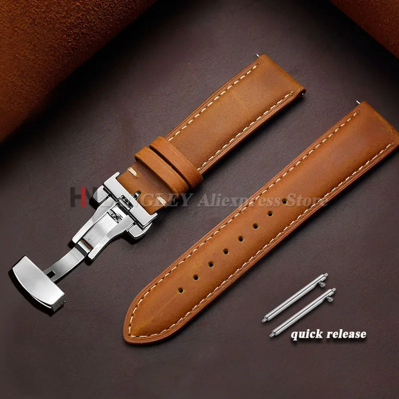 qinband Echtes Rindslederarmband für Omega Business-Uhrenarmband für Seiko 14/16/18/20/22/24 mm Butterfly-Schnallennaht, braune Träger 6