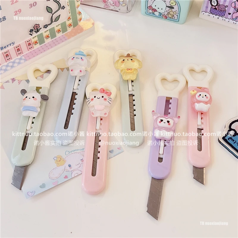 Kawaii Kuromi My Melody Cinnamoroll Pvc Macaron Unboxing Utility Knife Sanrioed Anime Girl Heart Cute Student Paper Knife