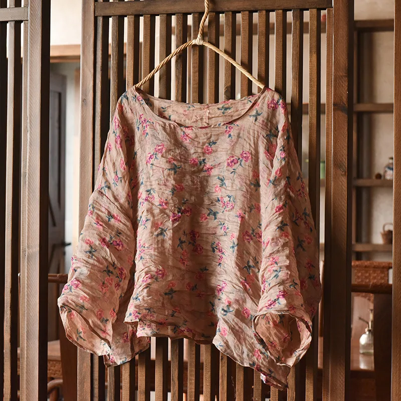 Women Oversize Vintage Ramie O-Neck Top and Shirts Female Print Floral Long Sleeve High Quality Clothes 2025 Spring Women Shirts