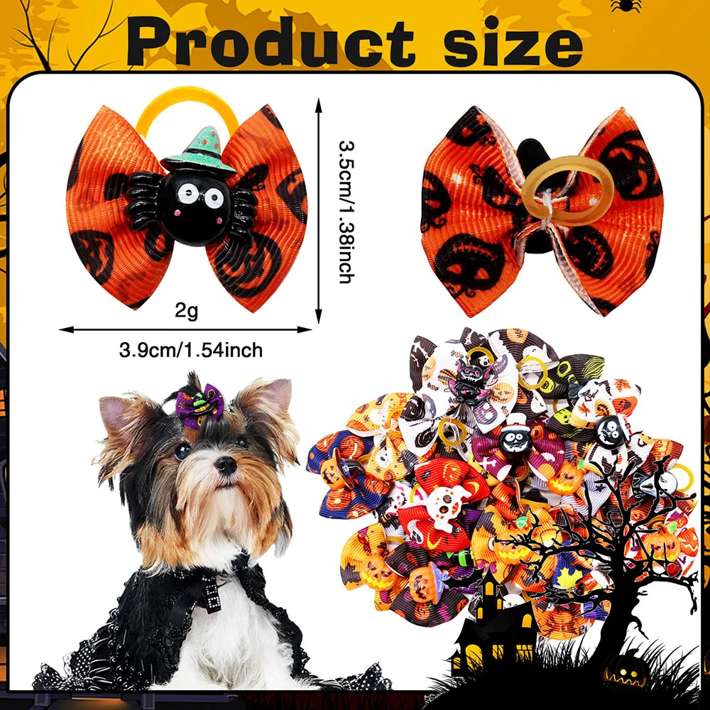 80PCS Funny Dog Bows With Rubber Bands Handmade Halloween Party Puppy Hair Bows Cartoon Accessories Pet Supplies For Dogs