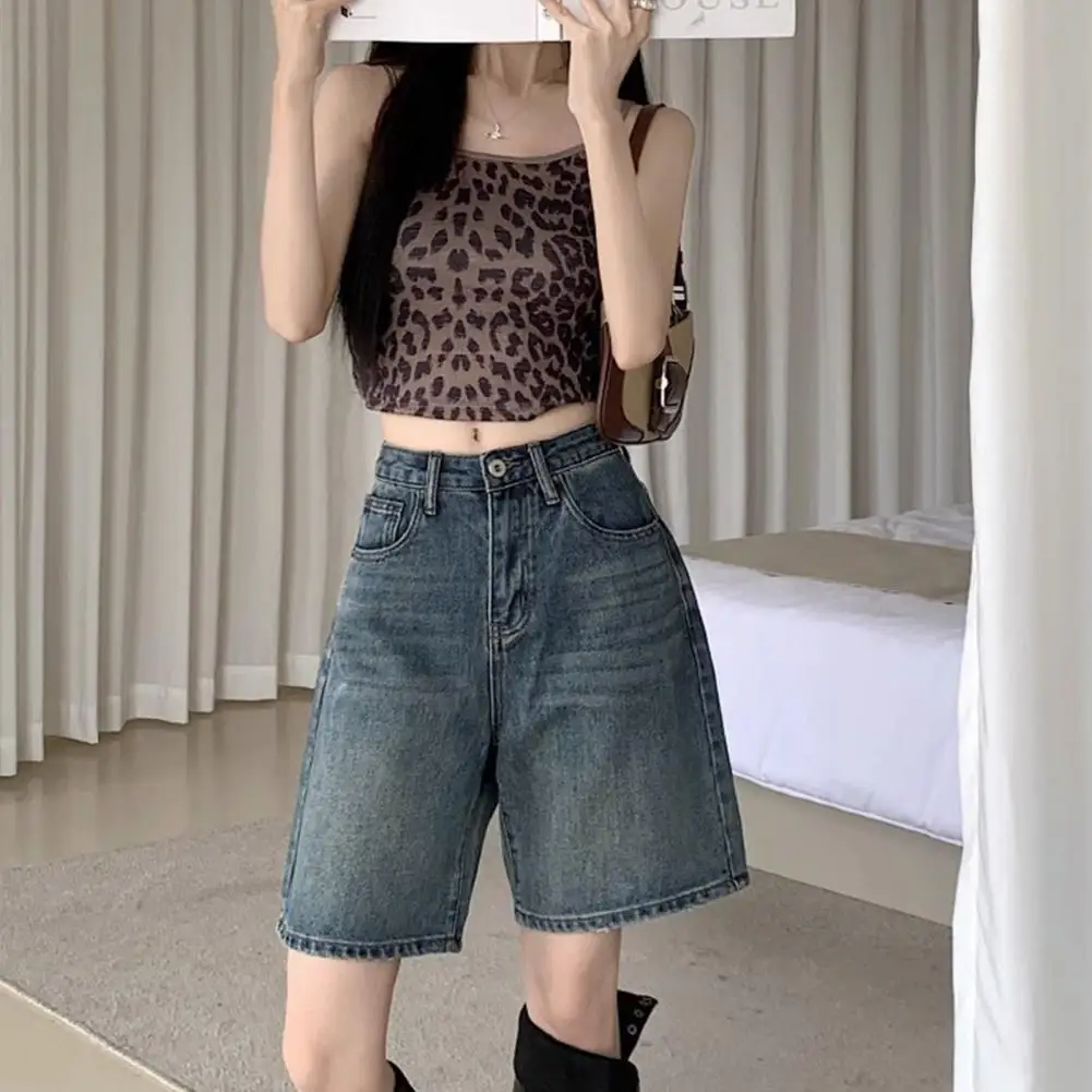 

Women Denim Shorts High Waist Vintage Straight Wide-leg Trousers Streetwear Knee Length Jeans Short Pants Women Shorts 반바지