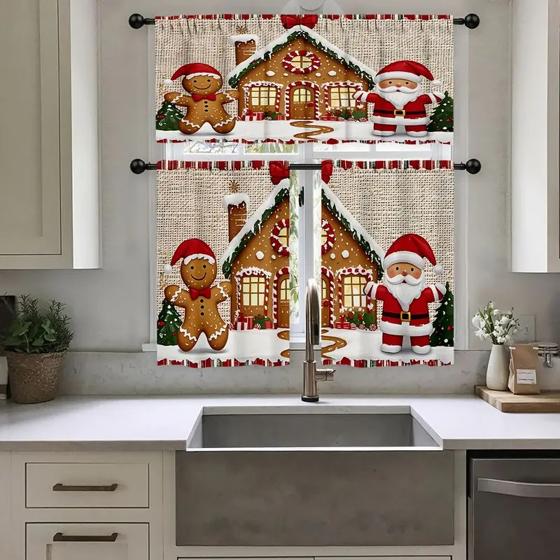 VIKAMA Christmas Kitchen Curtain Gingerbread Man House Print Window Curtain Tier Kitchen Sink Decor Holiday Winter Cozy Home