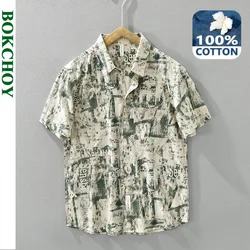 2024 Summer New Pure Cotton Printed Short Sleeve Shirts Men Clothing Casual Beach Thin Soft Streetwear CM8081