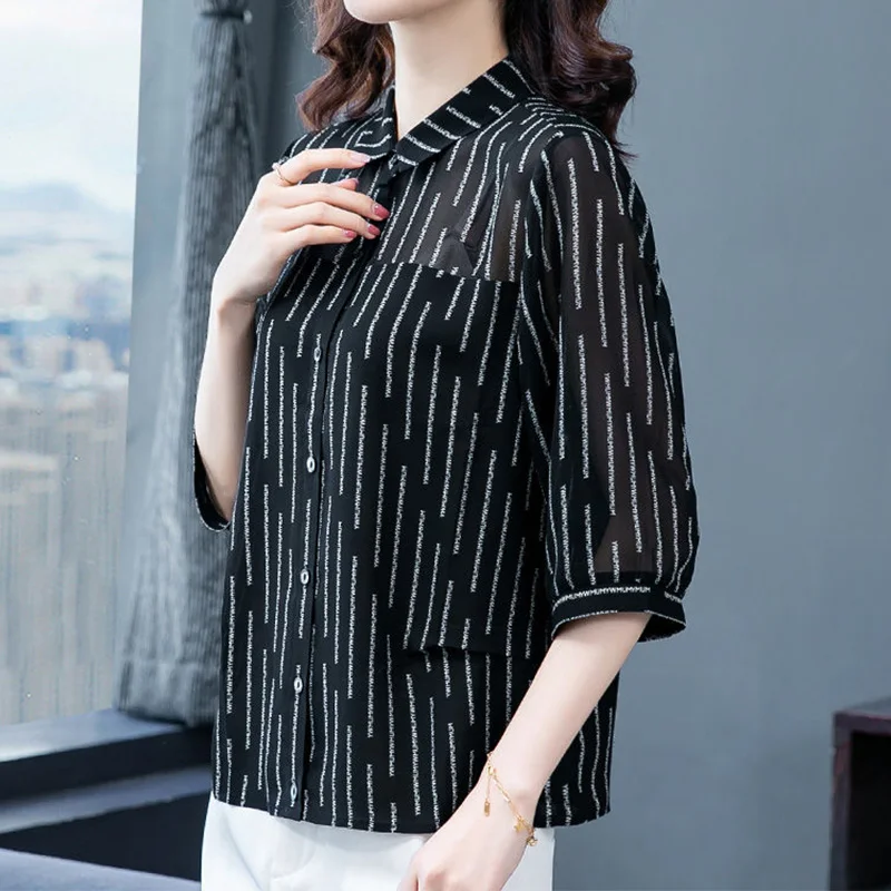 Casual Vintage Striped Printed Patchwork Chiffon Shirt Summer 2023 Polo-Neck Three Quarter Sleeve Loose Cardigan Ladies Clothing