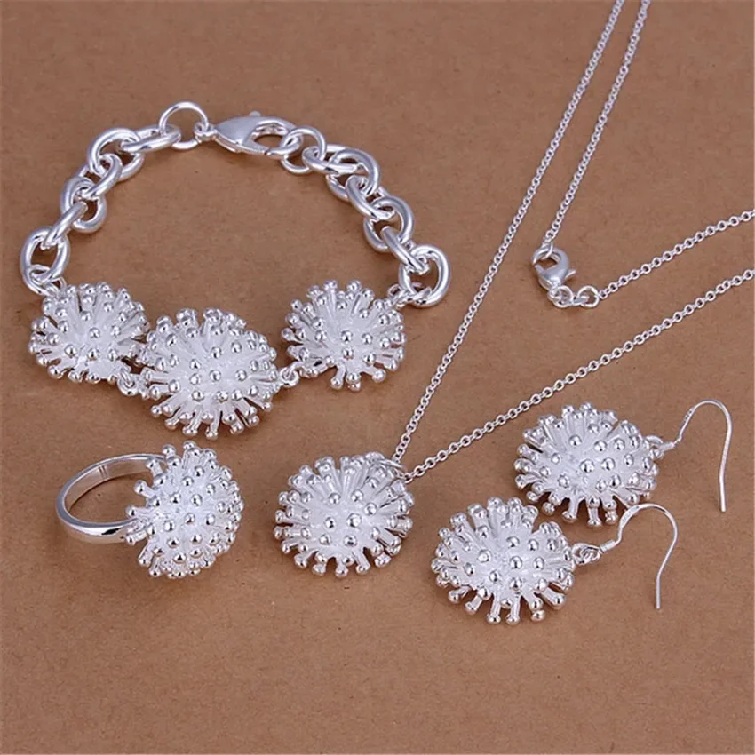 Wholesale fashion Silver Plated for women flower big bracelet Ring Earring Necklace jewelry set wedding party lovely gift S250