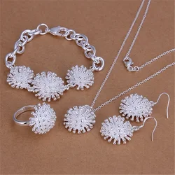 Wholesale fashion Silver Plated for women flower big bracelet Ring Earring Necklace jewelry set wedding party lovely gift S250