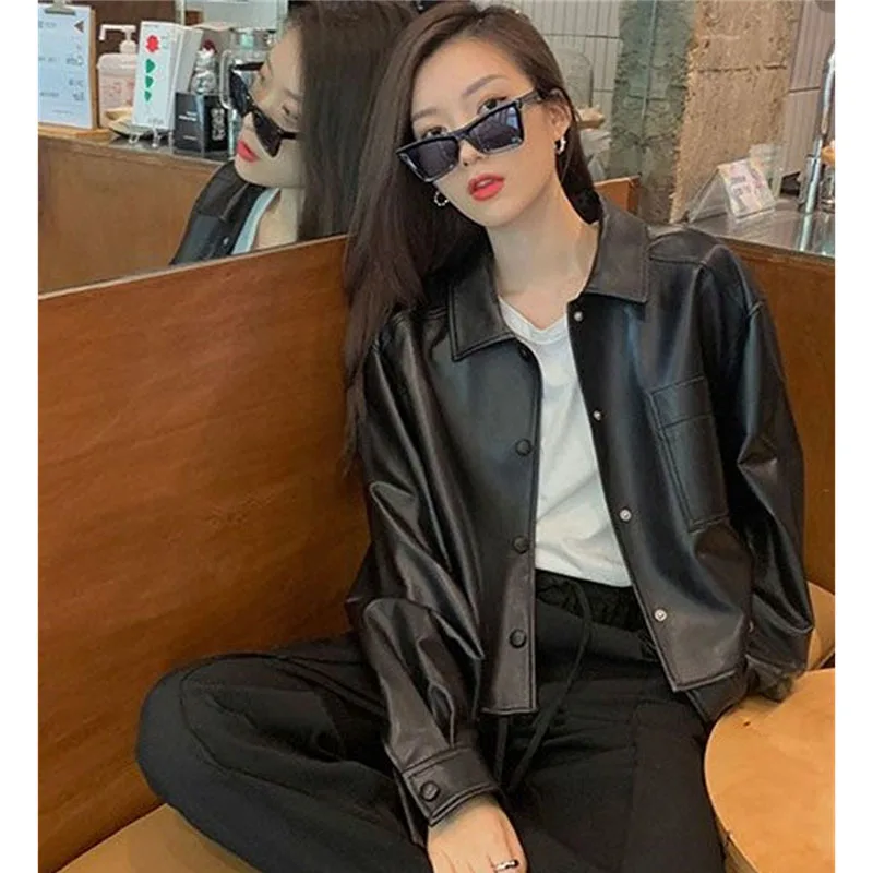 Korean Ladies Long Sleeves Faux Leather Outwear Spring Female Leisure PU Leather Jacket 2025 Women Fashion Short Leather Coat